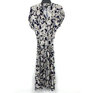 Ivy Street Dress Maxi Floral Print Navy Blue Button Down Tie Waist